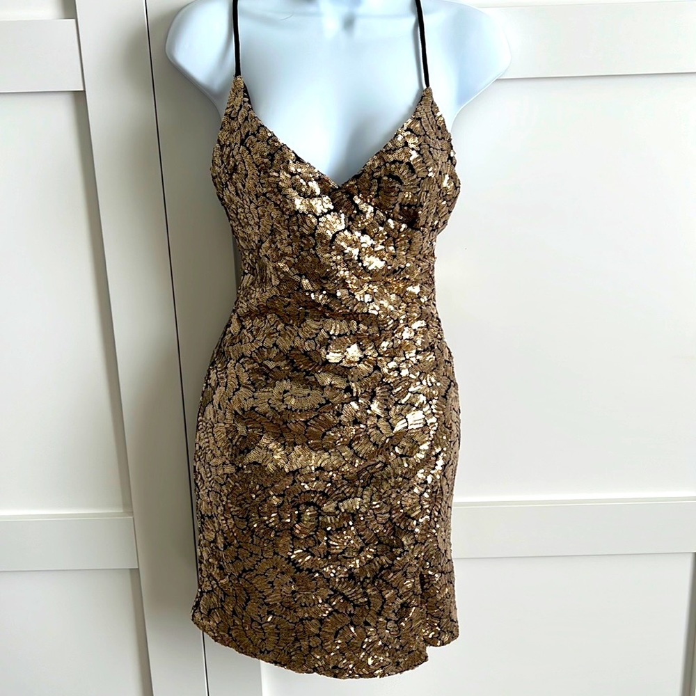 WYLDR / black lined gold sequence dress / S